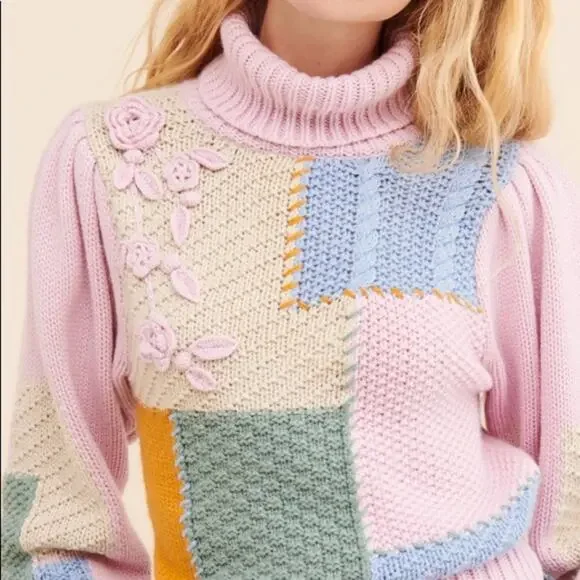 LoveShackFancy Allan Patchwork Turtleneck Sweater Pullover Size M in Autumn Fest